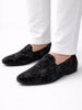 Men Black Silk Zardosi Sequin Velvet Ethnic Slip On Juttis and Mojaris for Festive|Indian Traditional Sherwani Shoes for Wedding|Slip On Shoes for Groom