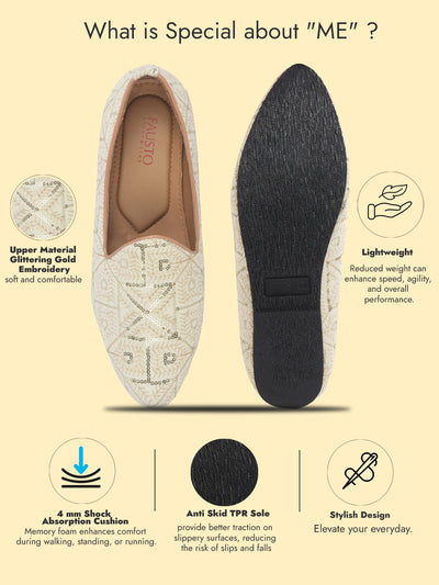 Men Cream Traditional Ethnic Juttis and Mojaris for Wedding|Handcrafted Embroidered Velvet Loafers|Glittering Gold Embroidery Slip-On Shoes