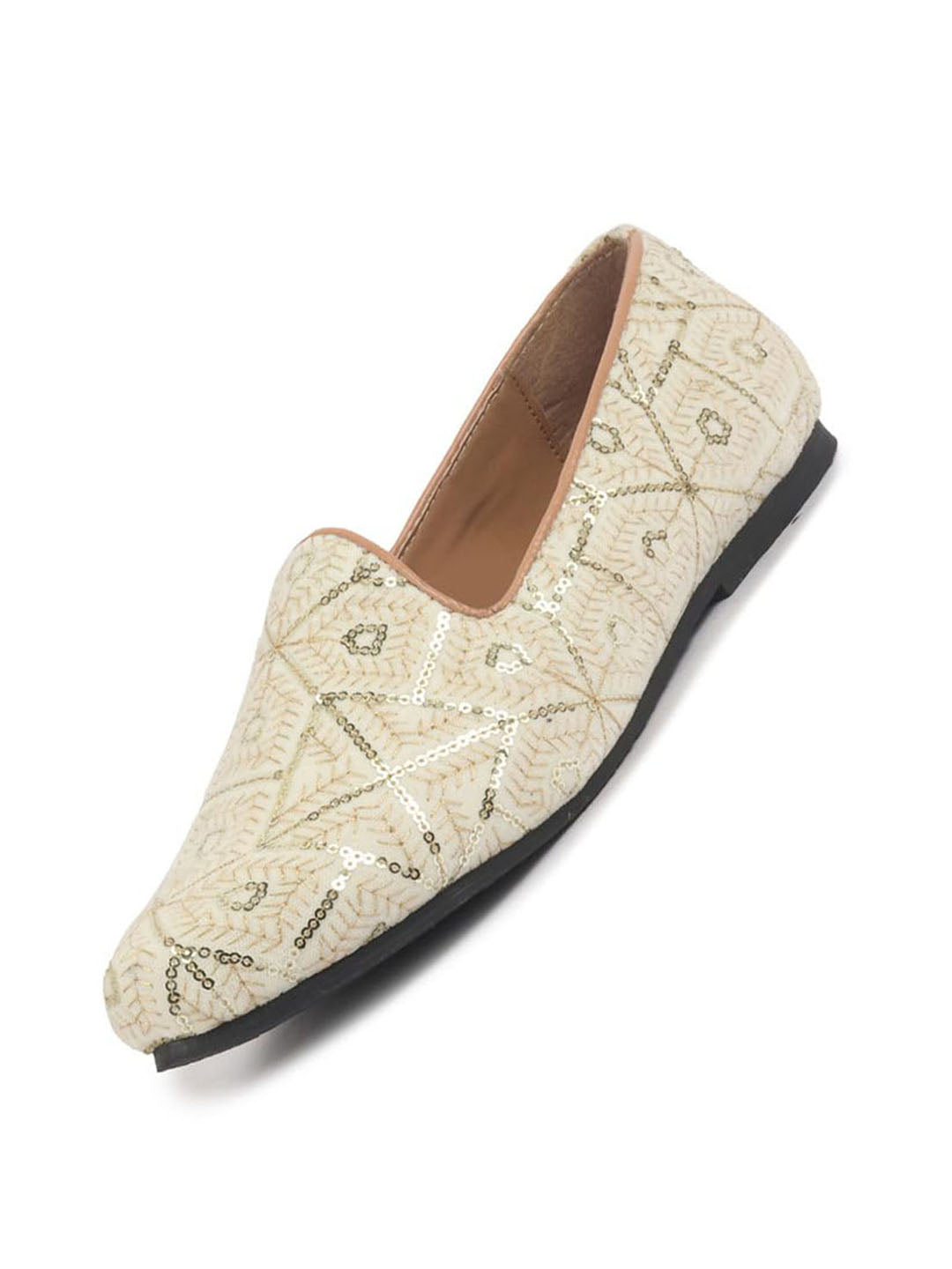 Men Cream Traditional Ethnic Juttis and Mojaris for Wedding|Handcrafted Embroidered Velvet Loafers|Glittering Gold Embroidery Slip-On Shoes