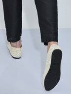 Men Cream Traditional Ethnic Juttis and Mojaris for Wedding|Handcrafted Embroidered Velvet Loafers|Glittering Gold Embroidery Slip-On Shoes