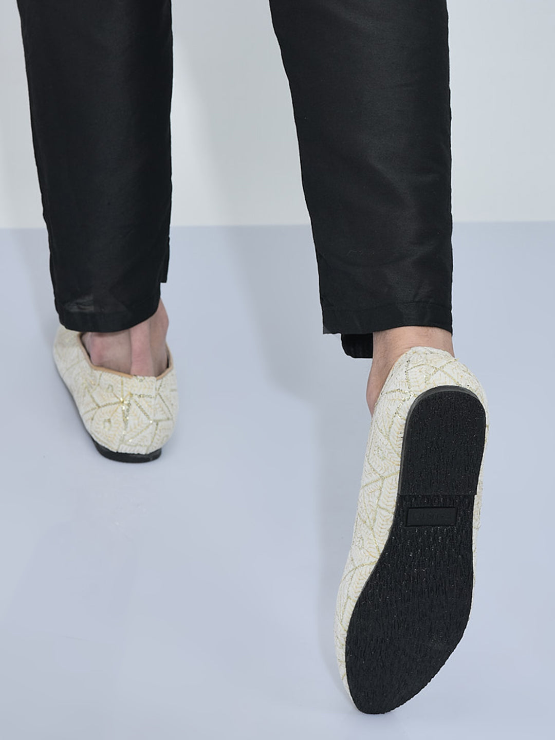 Men Cream Traditional Ethnic Juttis and Mojaris for Wedding|Handcrafted Embroidered Velvet Loafers|Glittering Gold Embroidery Slip-On Shoes
