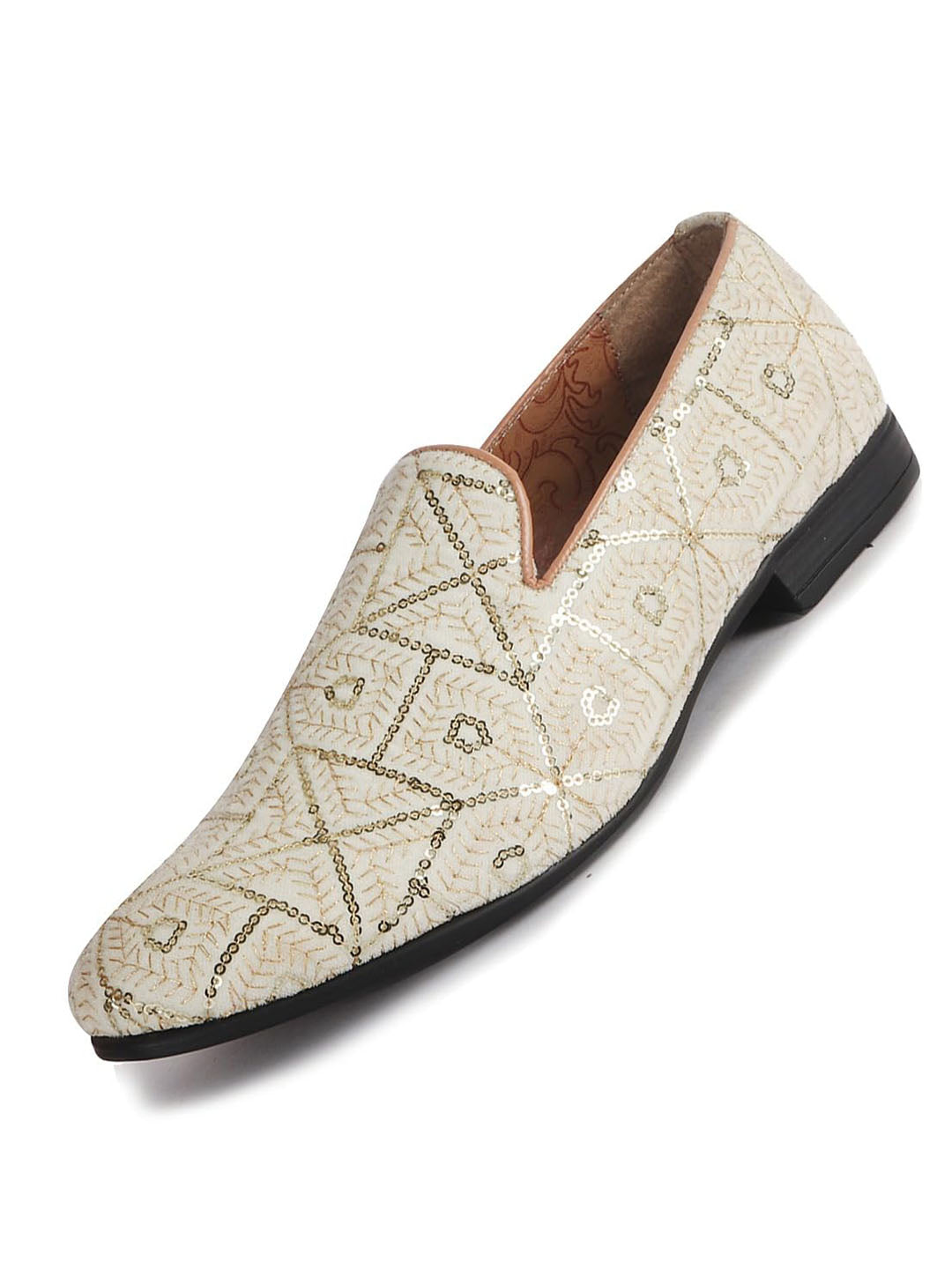 Men Cream Traditional Ethnic Juttis and Mojaris for Wedding | Handcrafted Embroidered Velvet Loafers | Gold Embroidery Prom Slip-On Shoes