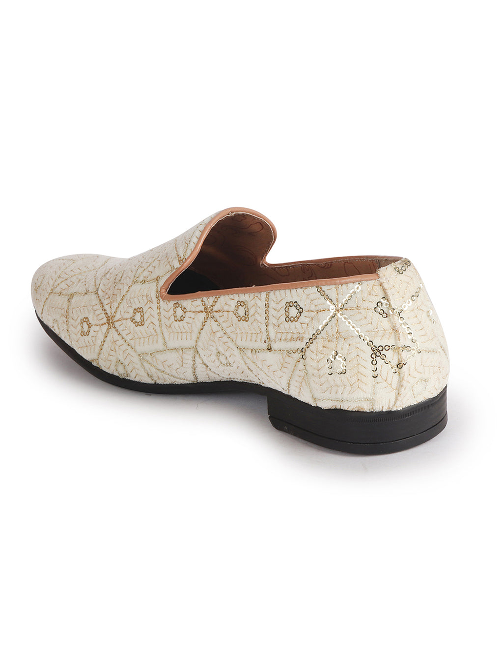 Men Cream Traditional Ethnic Juttis and Mojaris for Wedding | Handcrafted Embroidered Velvet Loafers | Gold Embroidery Prom Slip-On Shoes