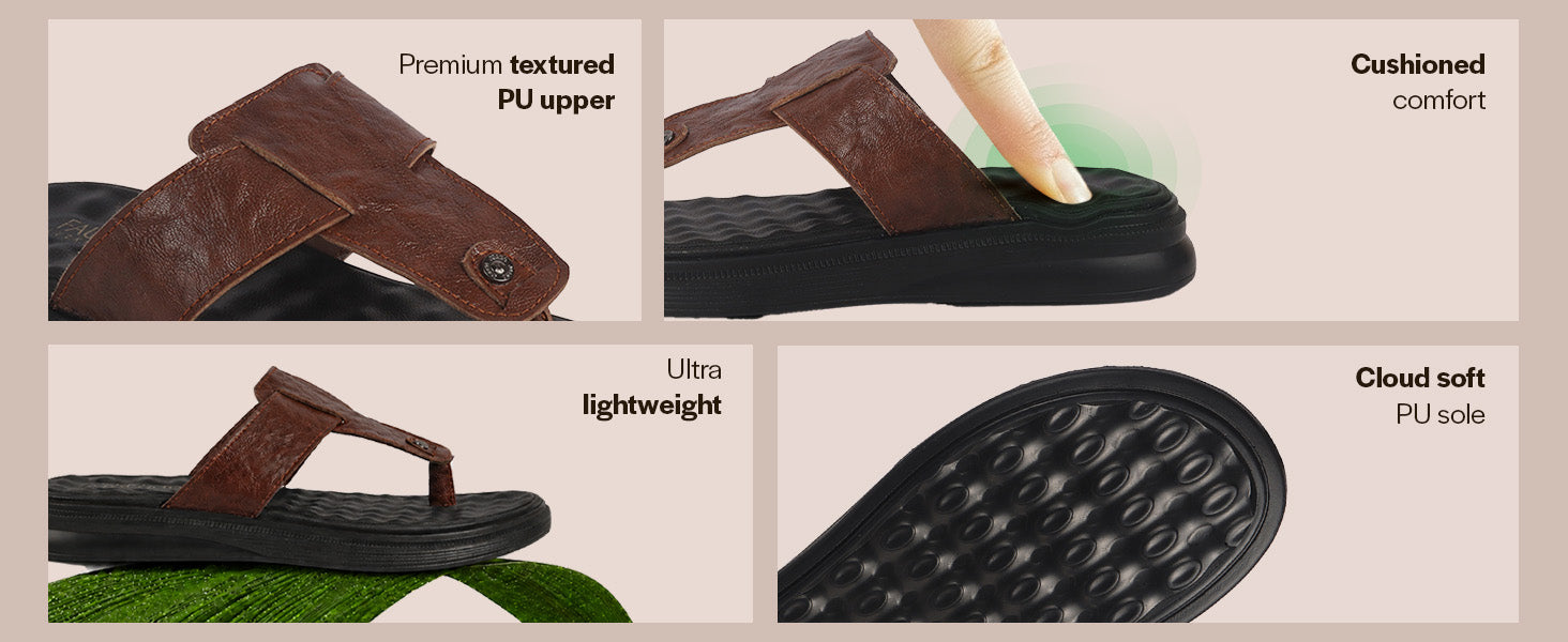 Men Brown Premium Textured Upper Broad Fit T-Strap Slippers|Soft PU Padded Insole for Plush Comfort|Bounce Back Comfort Sole