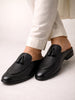 Men Black Back Open Tassle Leather Slip On Shoes