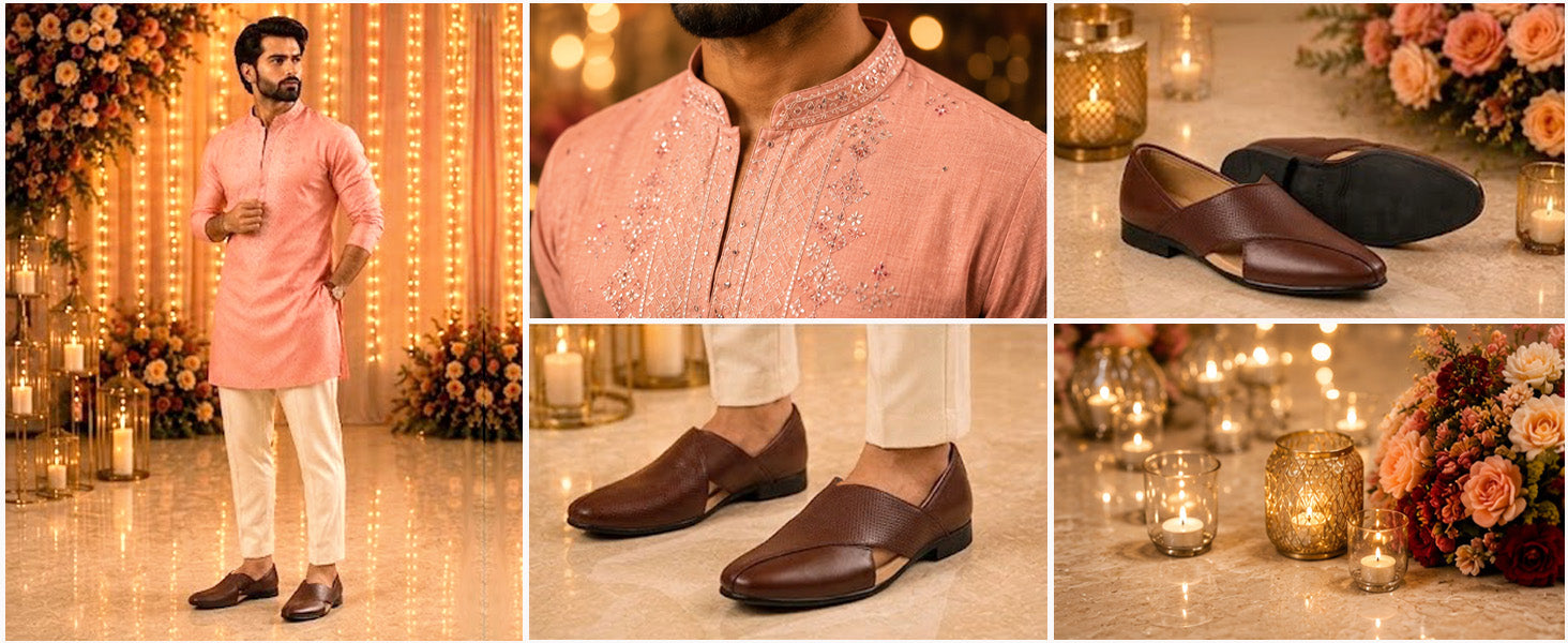 Men Ethnic Tan Peshawari Front Open Leather Slip On Shoes