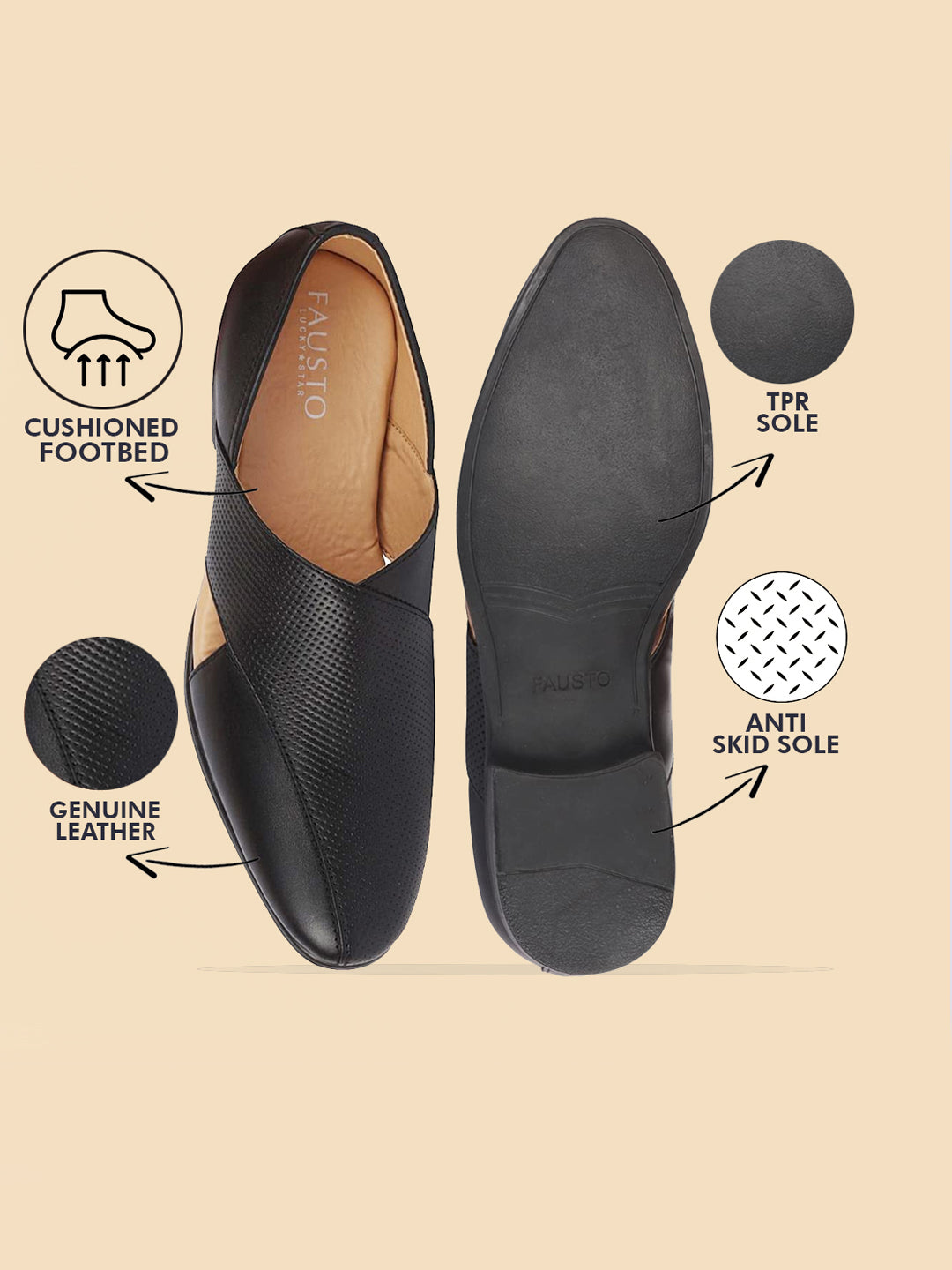 men formal black peshawari front open leather slip on shoes