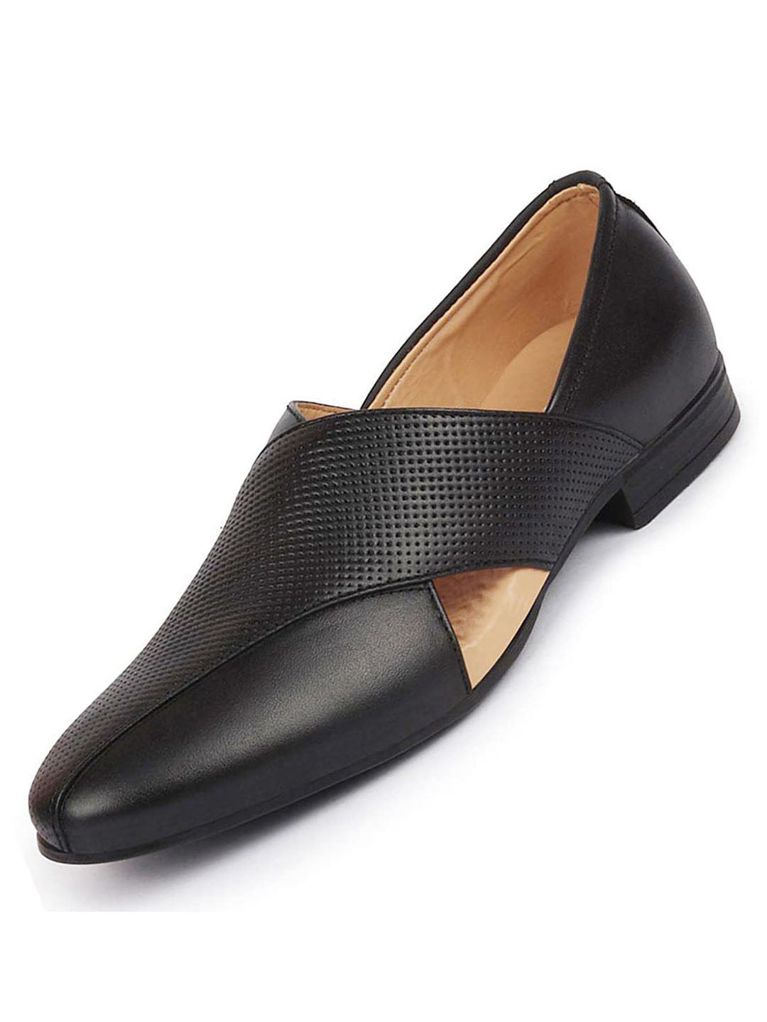 men formal black peshawari front open leather slip on shoes