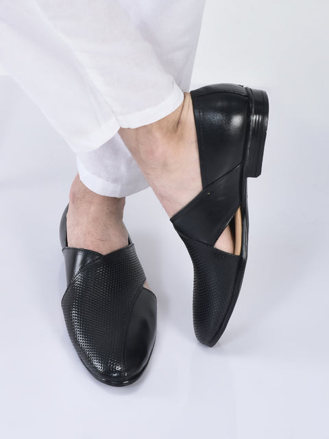 men formal black peshawari front open leather slip on shoes