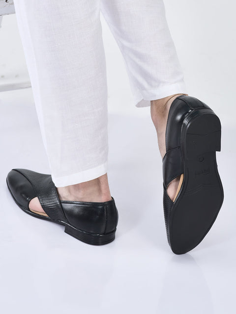 men formal black peshawari front open leather slip on shoes