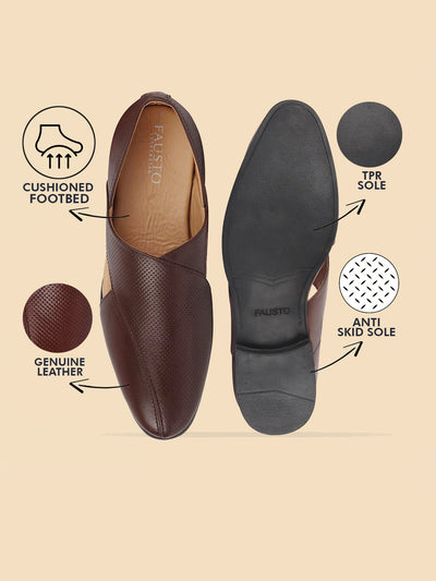 Men Formal Brown Peshawari Front Open Leather Slip On Shoes