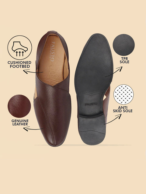 men formal brown peshawari front open leather slip on shoes