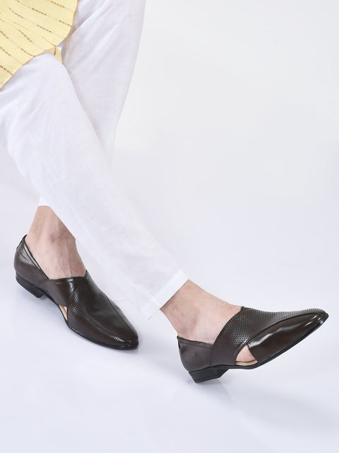 men formal brown peshawari front open leather slip on shoes
