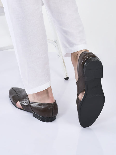 men formal brown peshawari front open leather slip on shoes