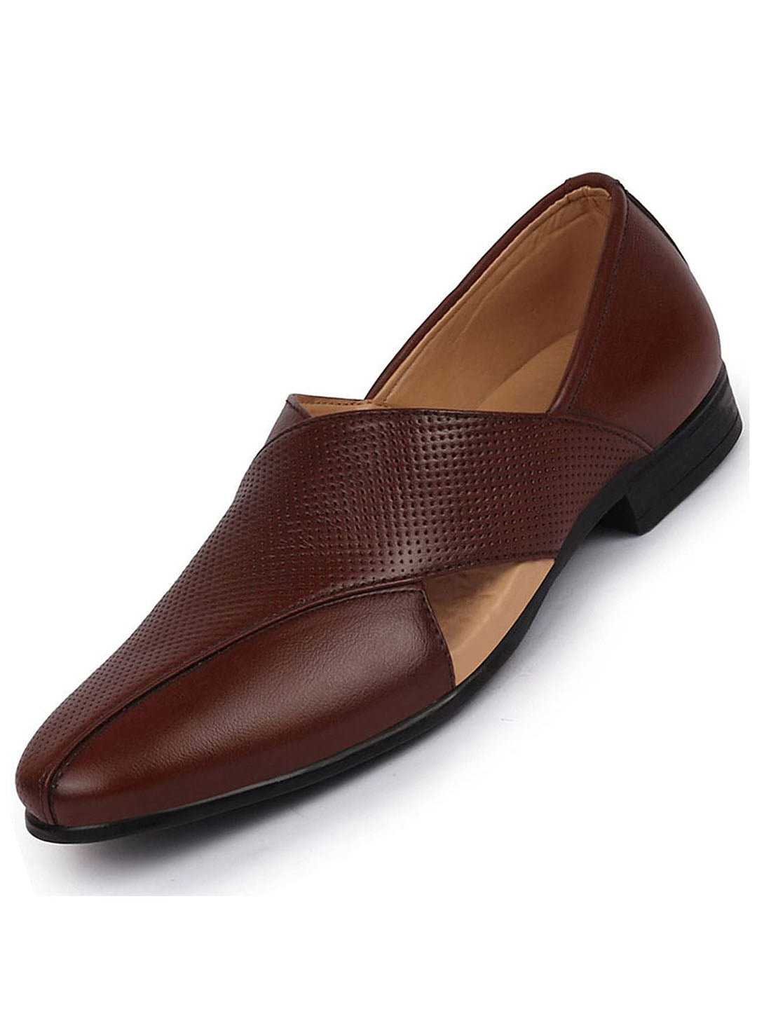 Men Formal Tan Peshawari Front Open Leather Slip On Shoes