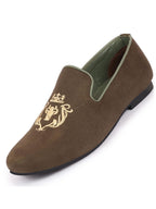 Shop Men Olive Embroidered Velvet Slip On Loafers Online.