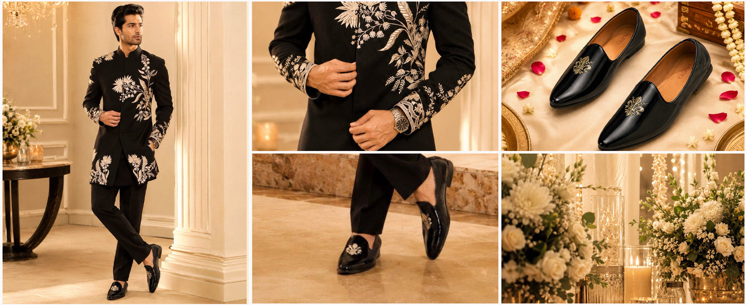 Men Black Patent Glossy Ethnic Embroidered Design Slip On Shiny Juttis & Mojaris For Party|Wedding|Festival