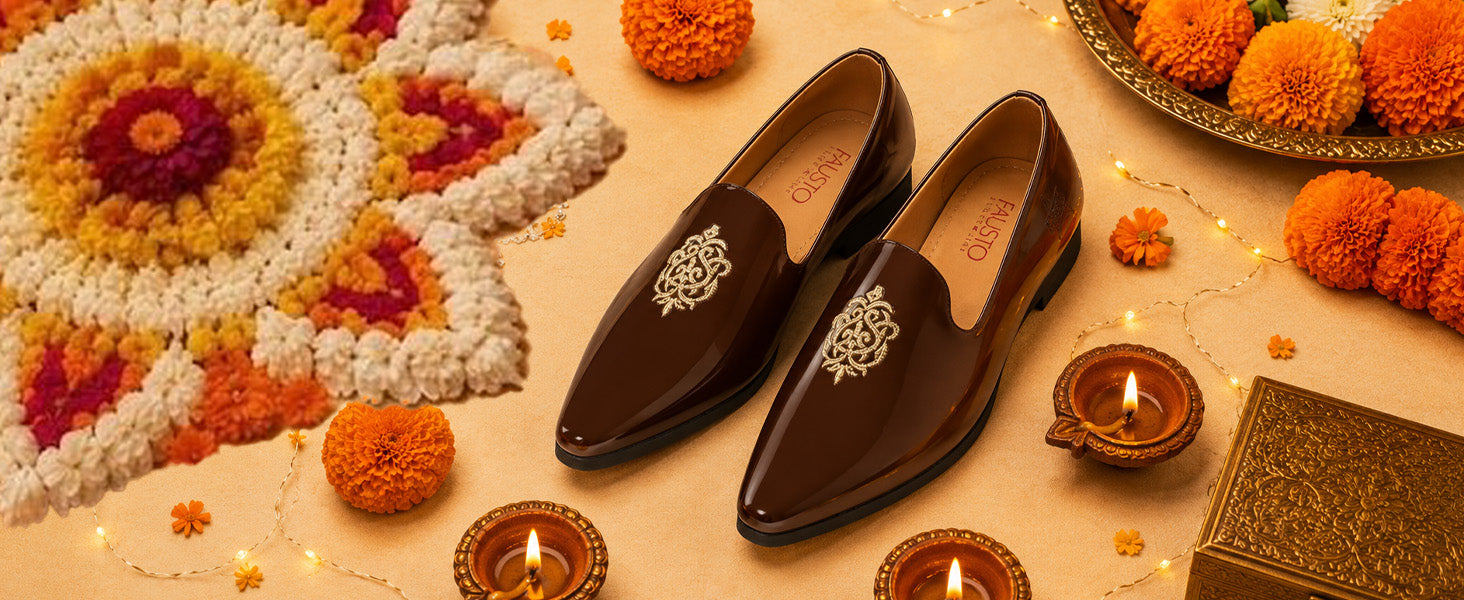 Men Black Patent Glossy Ethnic Embroidered Design Slip On Shiny Juttis & Mojaris For Party|Wedding|Festival