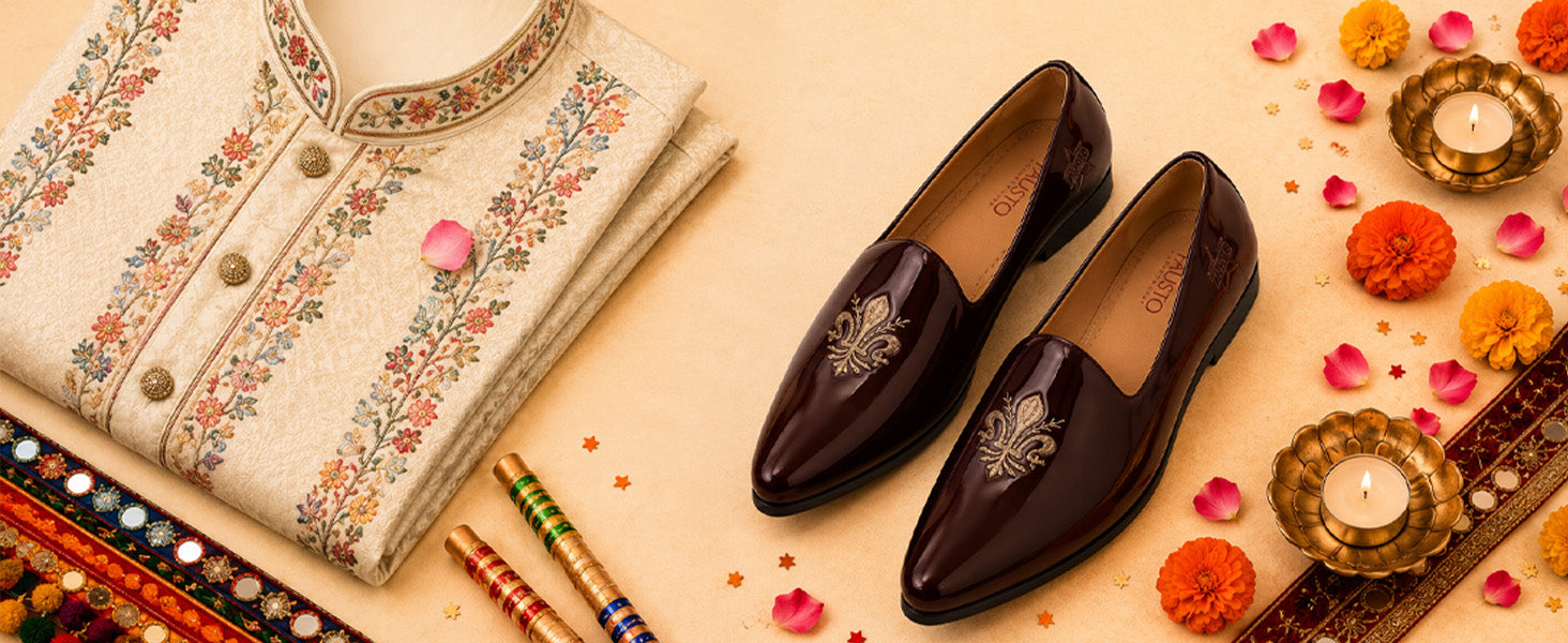 Men Black Patent Glossy Ethnic Embroidered Design Slip On Shiny Juttis & Mojaris For Party|Wedding|Festival