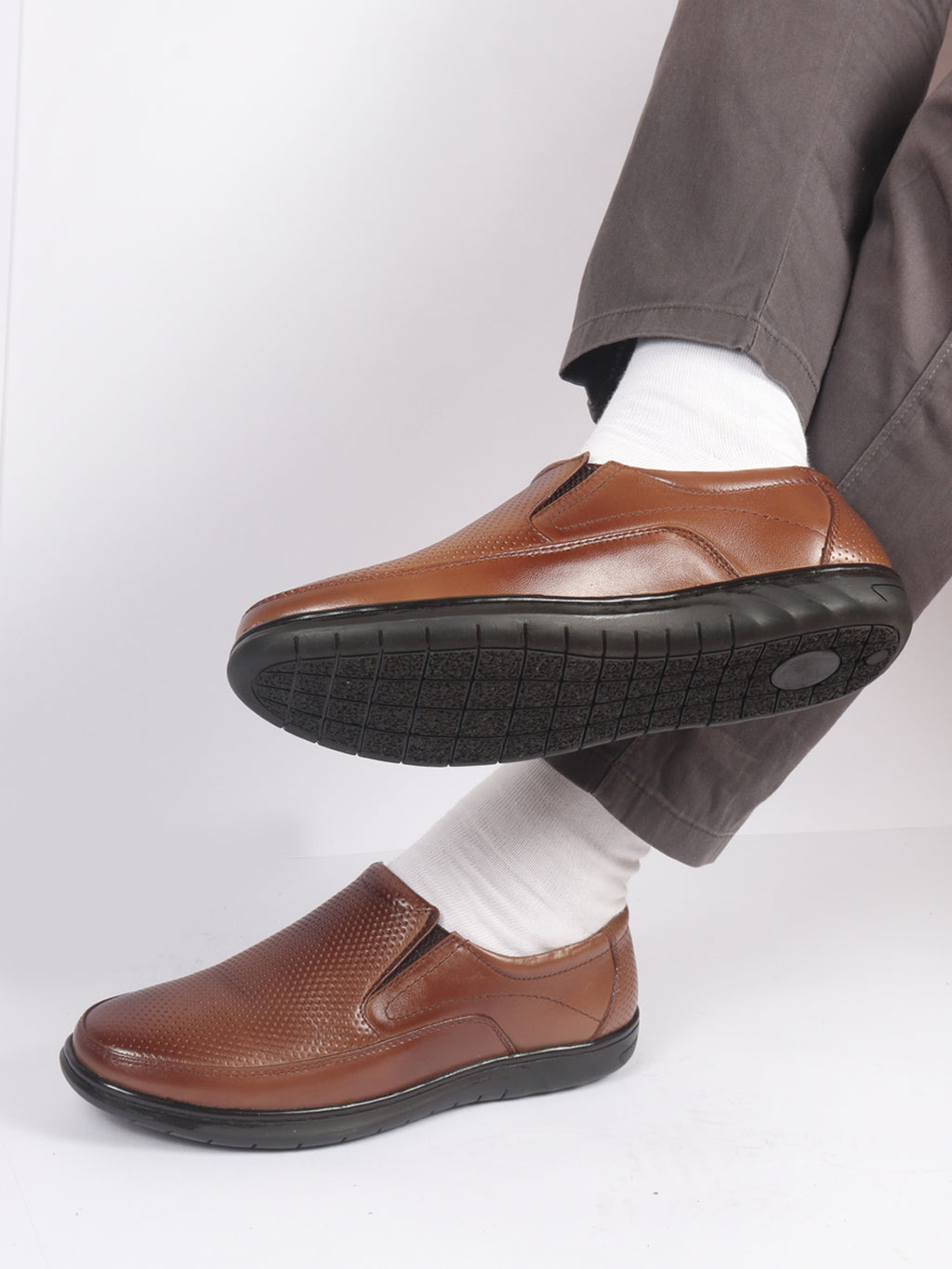shop men tan genuine leather textured formal slip on flat heel shoes for office work broad feet formal shoes online.