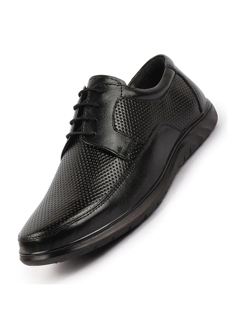 Men Black Genuine Leather Textured Formal Lace Up Flat Heel Shoes For Office|Work|Broad Feet Formal Shoes