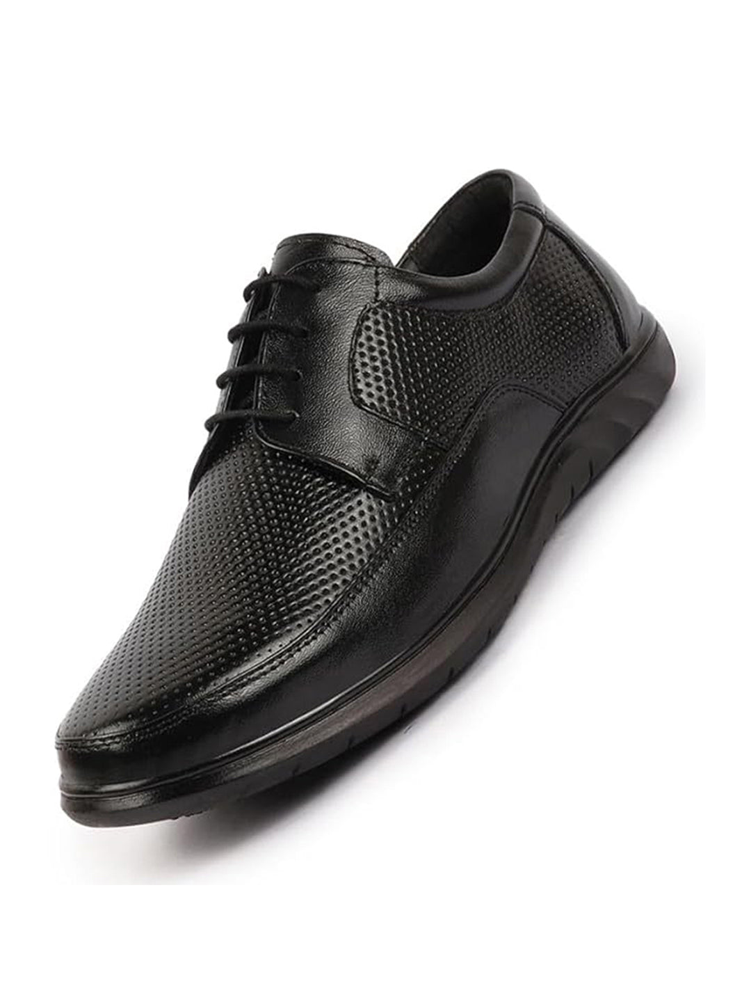 Men Black Genuine Leather Textured Formal Lace Up Flat Heel Shoes For Office|Work|Broad Feet Formal Shoes