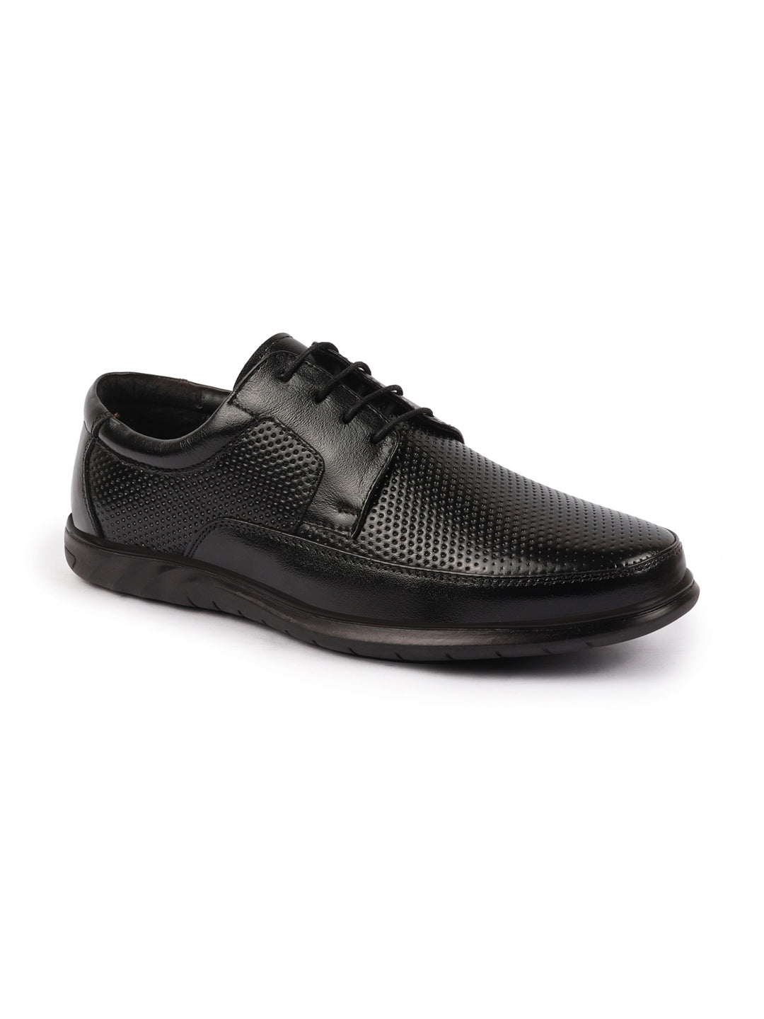 Shop Men Black Genuine Leather Textured Formal Lace Up Flat Heel Shoes For Office|Work|Broad Feet Formal Shoes Online.