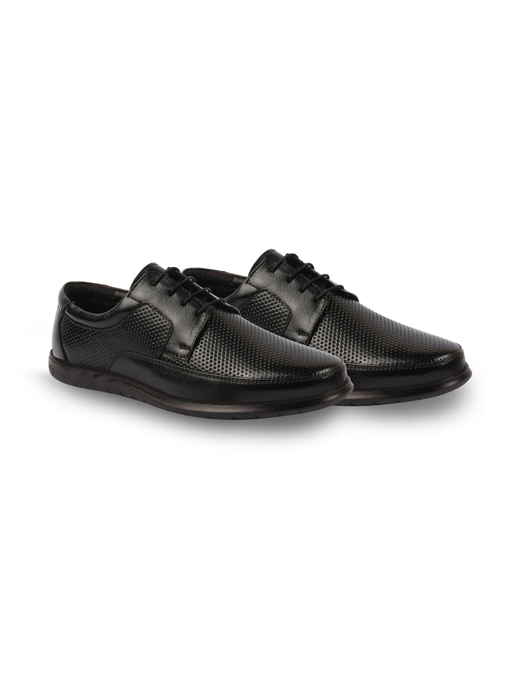 Shop Men Black Genuine Leather Textured Formal Lace Up Flat Heel Shoes For Office|Work|Broad Feet Formal Shoes Online.