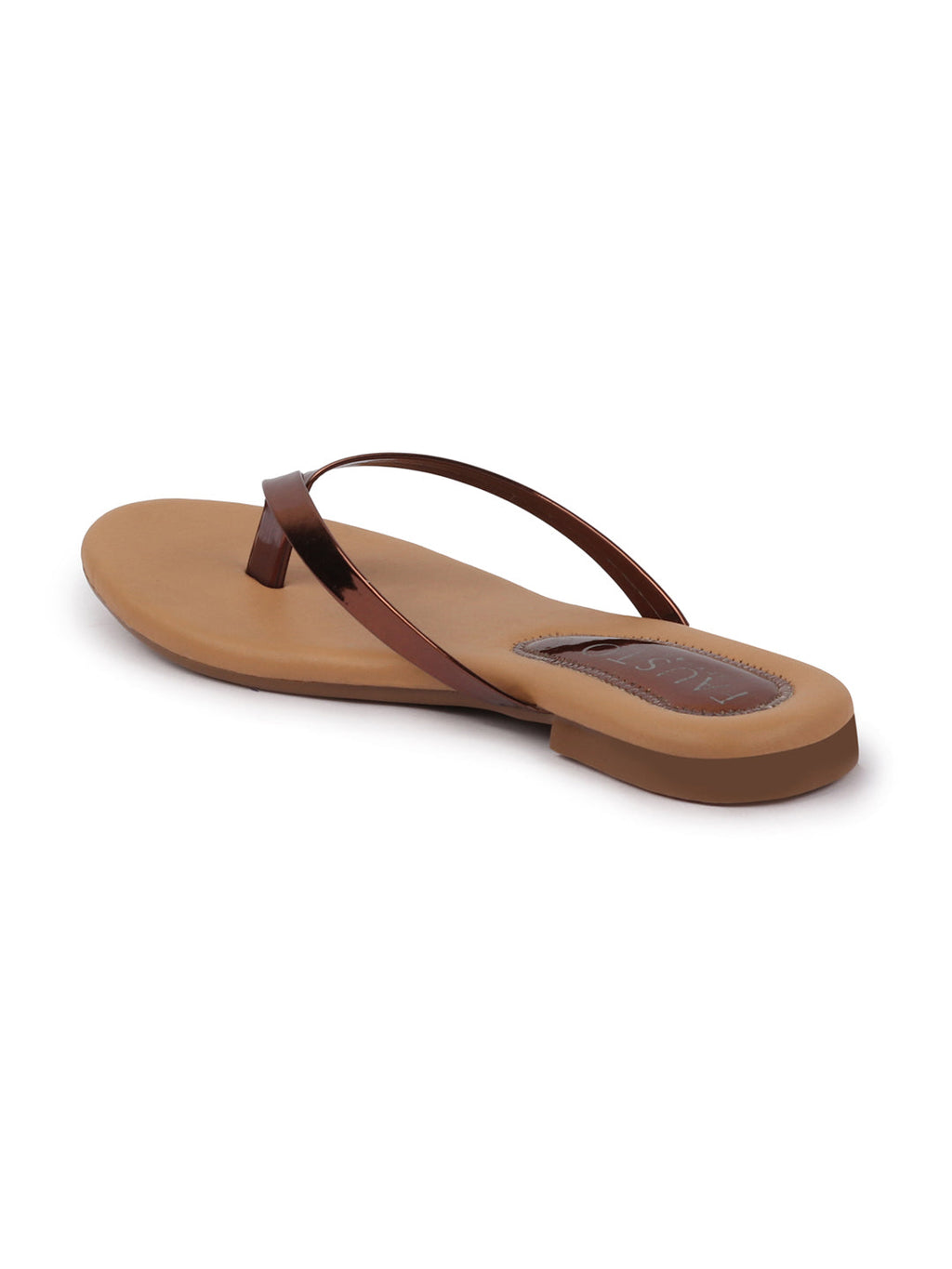 Shop Women Copper Shiny Sleek T-Strap Slipper With Cushioned Footbed|Flat Slipper For Party|Office Wear|Weekend Online.