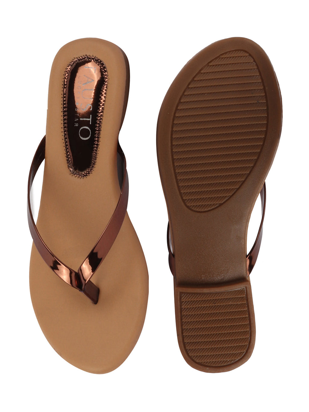 Shop Women Copper Shiny Sleek T-Strap Slipper With Cushioned Footbed|Flat Slipper For Party|Office Wear|Weekend Online.