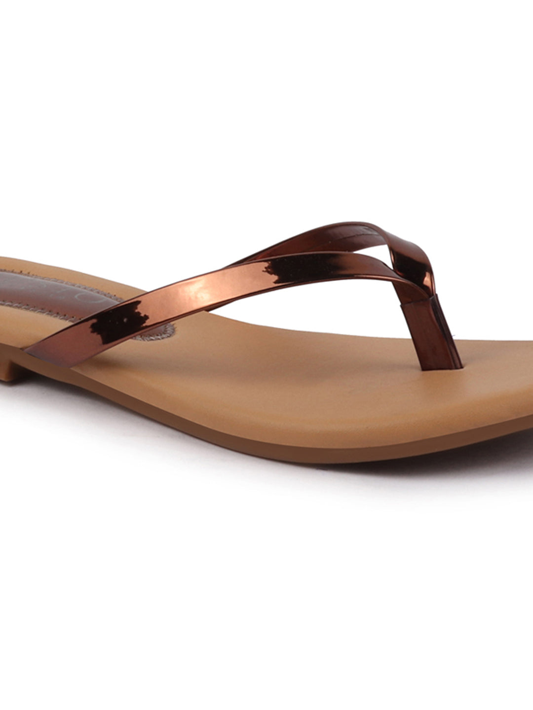 Shop Women Copper Shiny Sleek T-Strap Slipper With Cushioned Footbed|Flat Slipper For Party|Office Wear|Weekend Online.