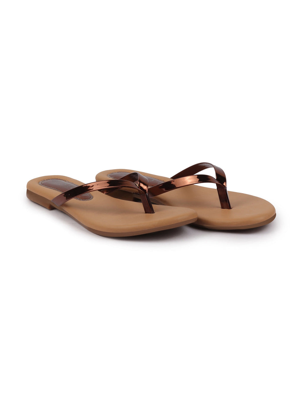 Shop Women Copper Shiny Sleek T-Strap Slipper With Cushioned Footbed|Flat Slipper For Party|Office Wear|Weekend Online.