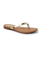 Shop Women Gold Shiny Sleek T-Strap Slipper With Cushioned Footbed|Flat Slipper For Party|Office Wear|Weekend Online.
