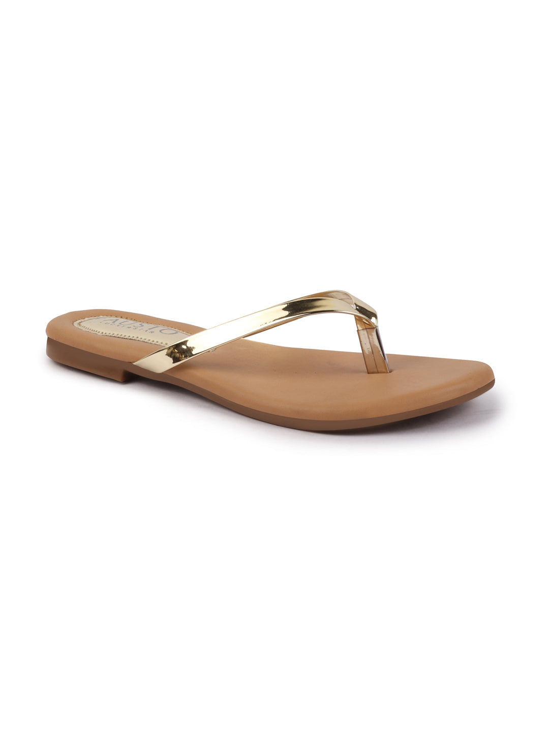 Shop Women Gold Shiny Sleek T-Strap Slipper With Cushioned Footbed|Flat Slipper For Party|Office Wear|Weekend Online.