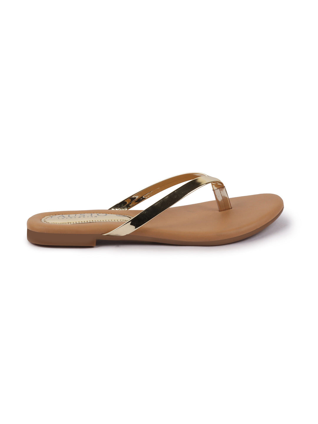 Shop Women Gold Shiny Sleek T-Strap Slipper With Cushioned Footbed|Flat Slipper For Party|Office Wear|Weekend Online.