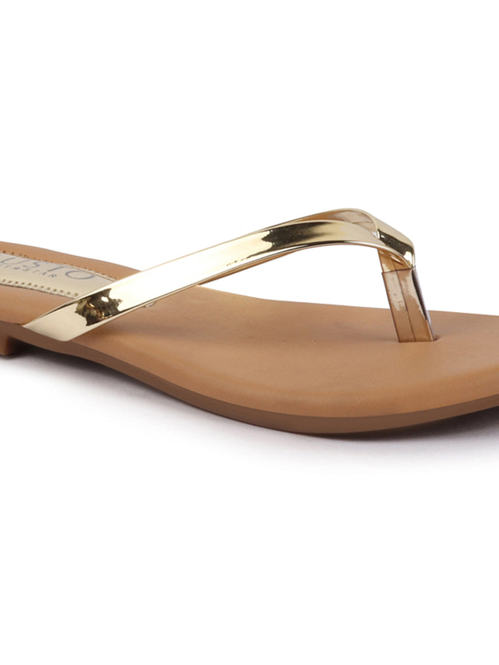 Shop Women Gold Shiny Sleek T-Strap Slipper With Cushioned Footbed|Flat Slipper For Party|Office Wear|Weekend Online.