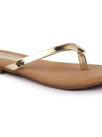 Shop Women Gold Shiny Sleek T-Strap Slipper With Cushioned Footbed|Flat Slipper For Party|Office Wear|Weekend Online.