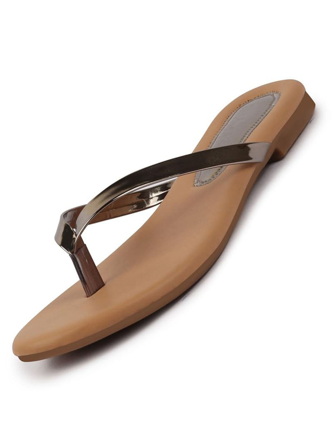Women Metal Shiny Sleek T-Strap Slipper With Cushioned Footbed|Flat Slipper For Party|Office Wear|Weekend