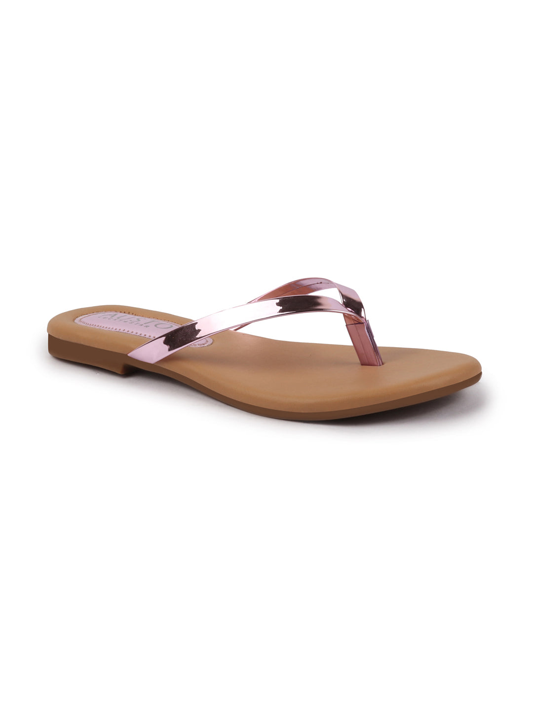 Shop Women Pink Shiny Sleek T-Strap Slipper With Cushioned Footbed|Flat Slipper For Party|Office Wear|Weekend Online.