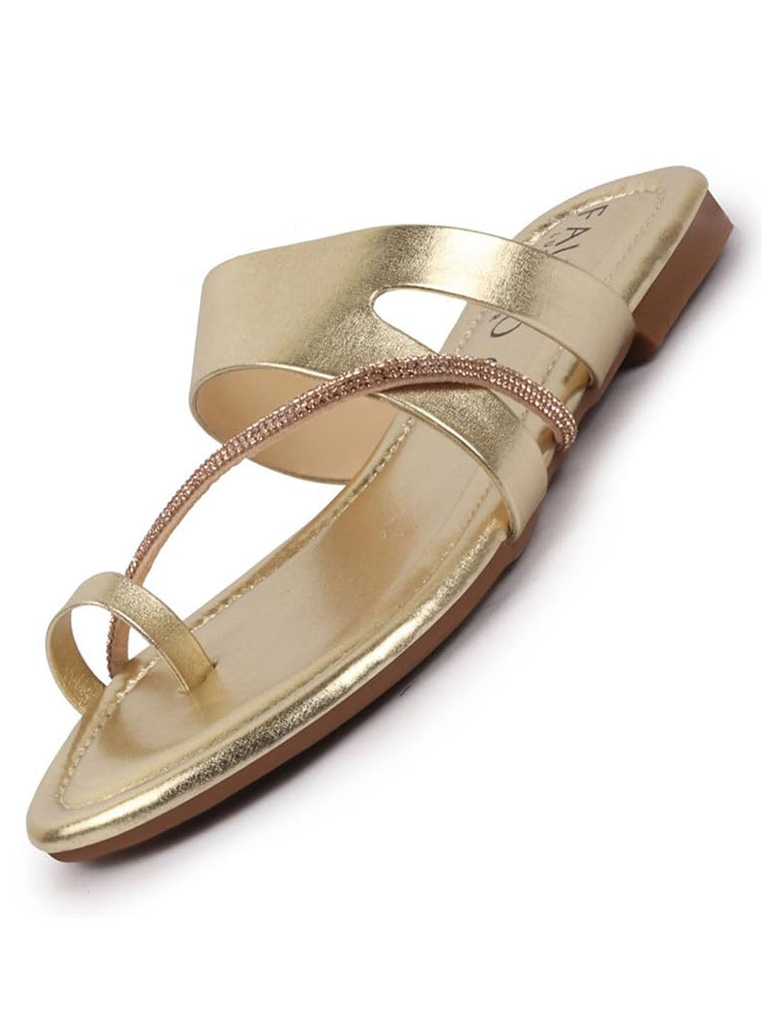Shop Women Gold Glossy Toe Ring Elastic Cross Strap Ethnic Slipper With Cushioned Footbed|Flat Slipper For Party|Festive|Wedding Online.