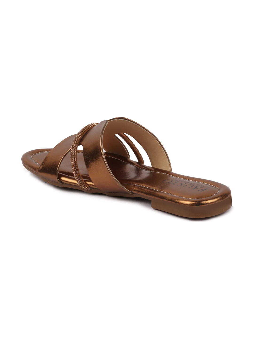 Shop Women Copper Shiny Open Toe Embellished Design Slipper With Cushioned Footbed|Flat Slipper For Party|Festive|Wedding Online.