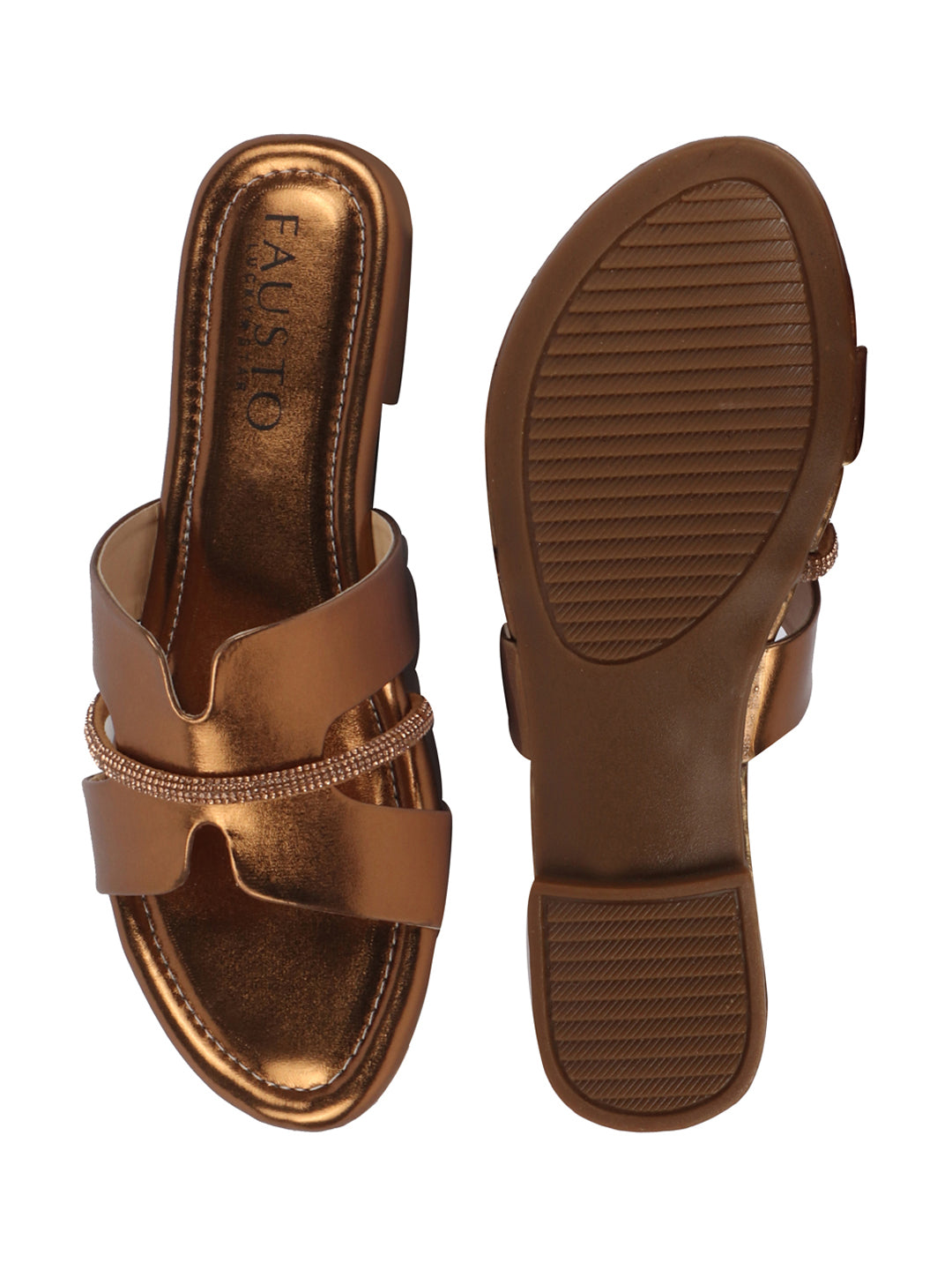 Shop Women Copper Shiny Open Toe Embellished Design Slipper With Cushioned Footbed|Flat Slipper For Party|Festive|Wedding Online.