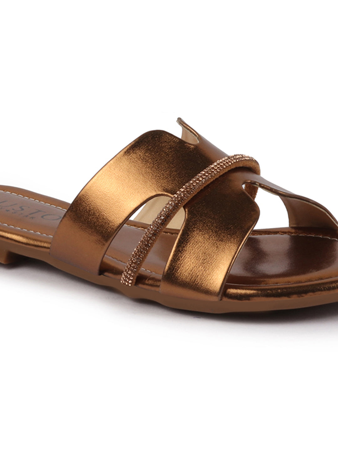 Shop Women Copper Shiny Open Toe Embellished Design Slipper With Cushioned Footbed|Flat Slipper For Party|Festive|Wedding Online.