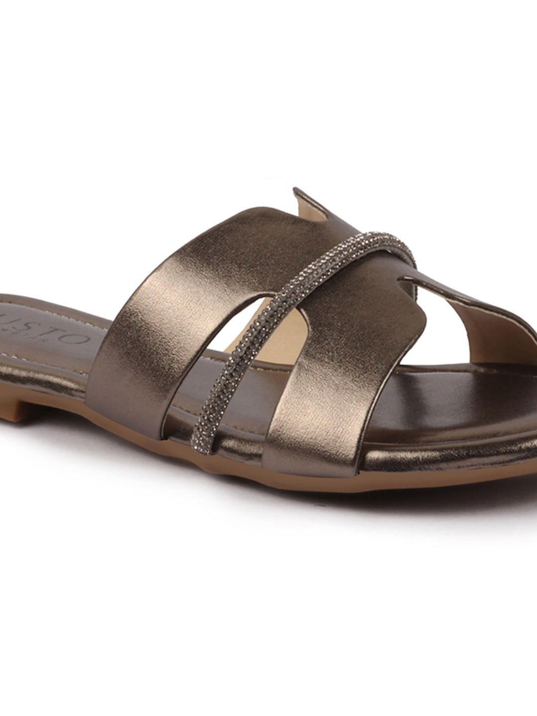 Shop Women Metal Shiny Open Toe Embellished Design Slipper With Cushioned Footbed|Flat Slipper For Party|Festive|Wedding Online.