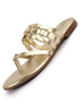 Women Gold Shiny Sleek T-Strap Flower Design Slipper With Cushioned Footbed|Flat Slipper For Party|Office Wear|Weekend