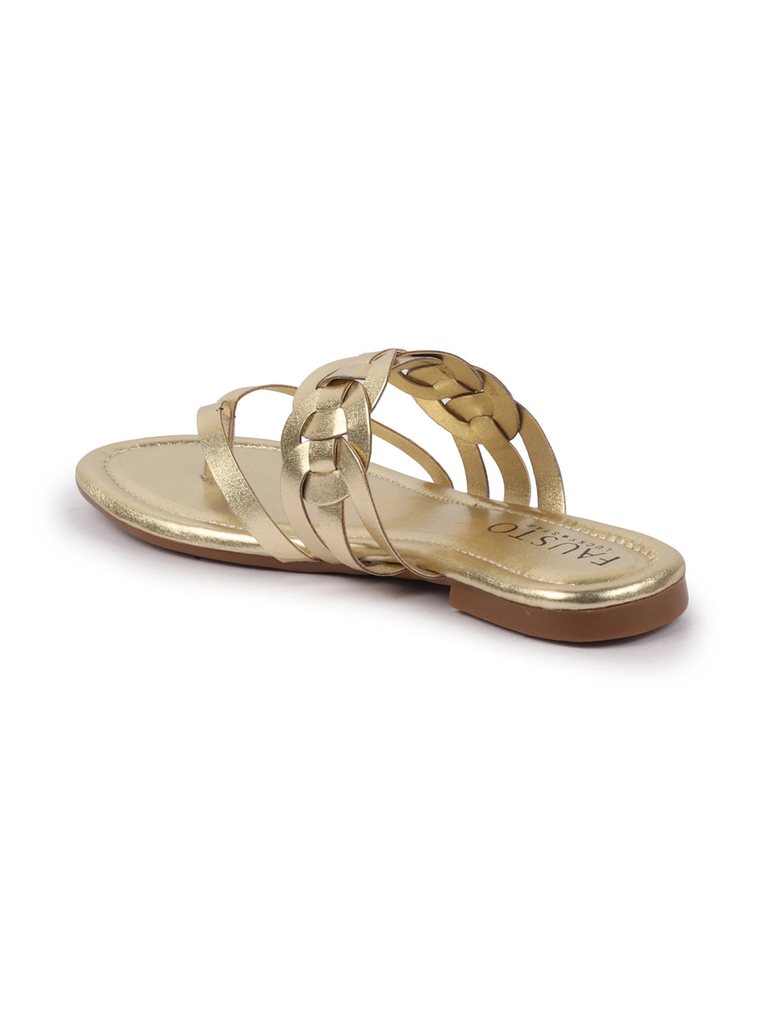 Shop Women Gold Shiny Sleek T-Strap Flower Design Slipper With Cushioned Footbed|Flat Slipper For Party|Office Wear|Weekend Online.
