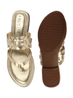 Shop Women Gold Shiny Sleek T-Strap Flower Design Slipper With Cushioned Footbed|Flat Slipper For Party|Office Wear|Weekend Online.