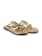 Shop Women Gold Shiny Sleek T-Strap Flower Design Slipper With Cushioned Footbed|Flat Slipper For Party|Office Wear|Weekend Online.