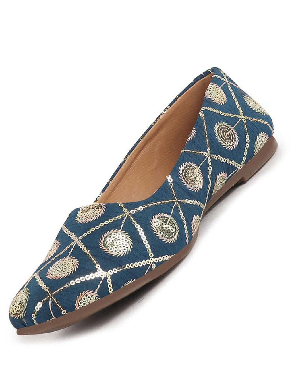 Women Blue Ethnic Silk Embroidery Zardozi Slip On Juttis and Mojaris for Wedding|Juttis for Lehanga|Festive Slip-On