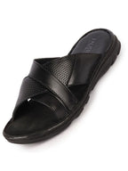 Men Black Genuine Leather Criss Cross Strap Open Toe Suede Leather Insole Slippers